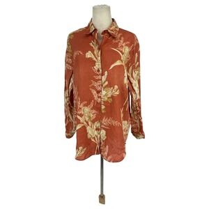 Liz Claiborne Liz Sport Womens Large Orange Floral 100% Linen Button Down Shirt